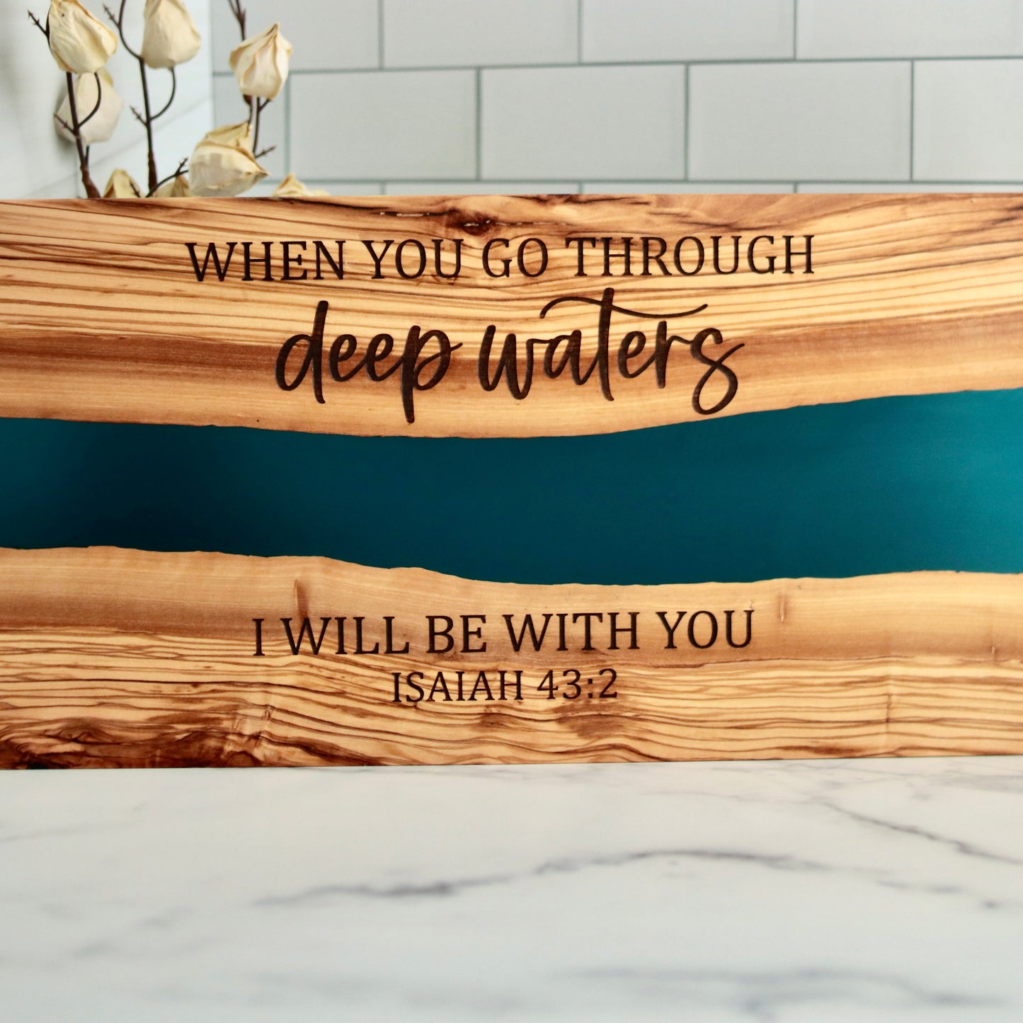 Olive Wood and Resin Charcuterie Board, When You Go Through Deep Waters, Inspirational Wedding Gift, Bible Scripture, Isaiah 43:2, Religious