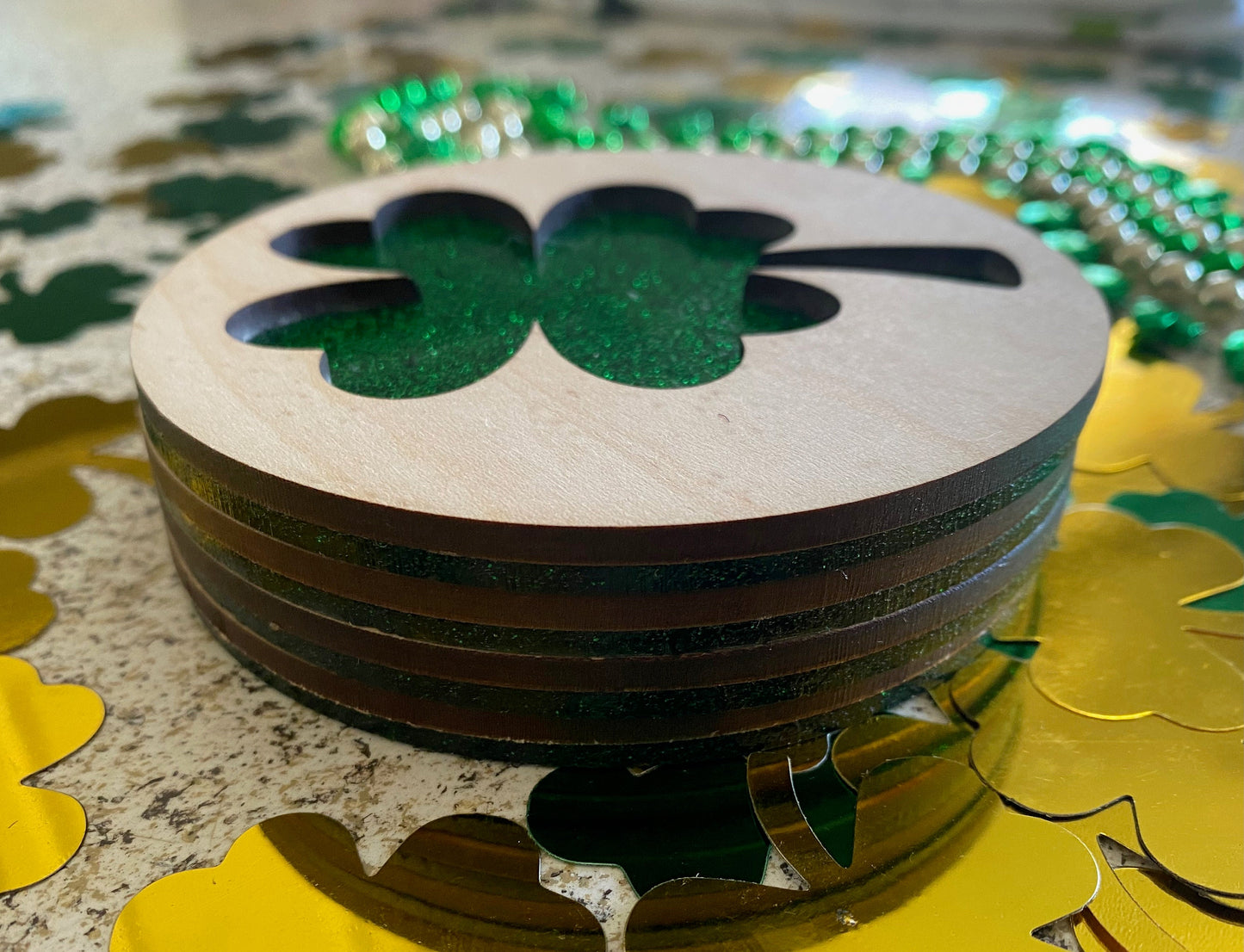 St. Patrick's Day Coasters I 4 Leaf Clovers I Set of 4 Glitter Base