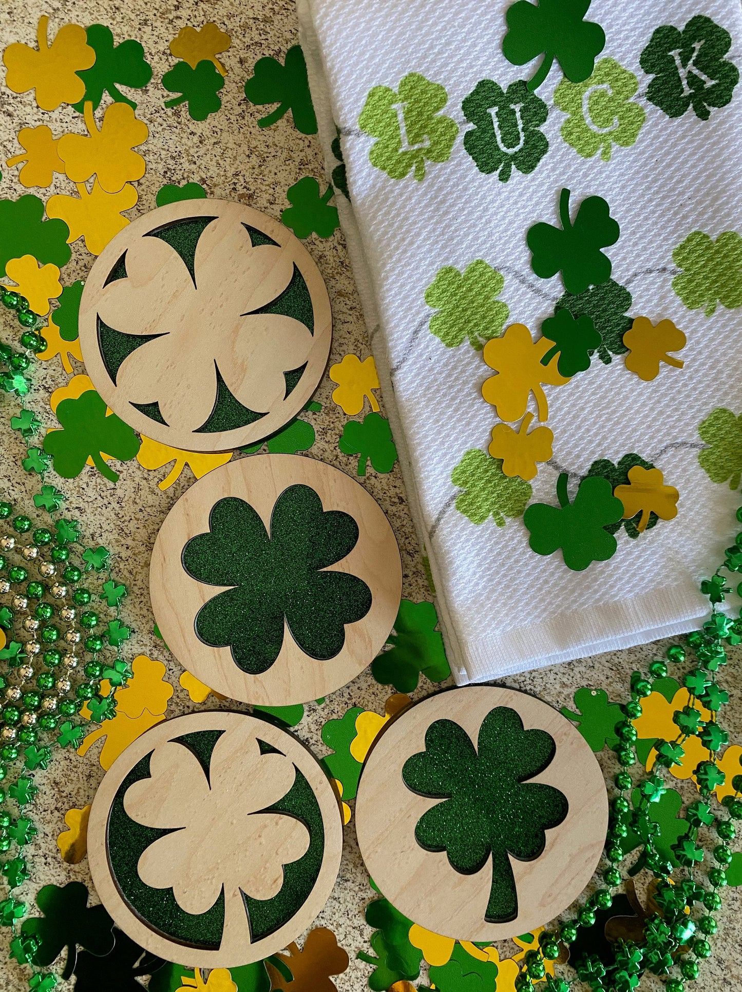 St. Patrick's Day Coasters I 4 Leaf Clovers I Set of 4 Glitter Base