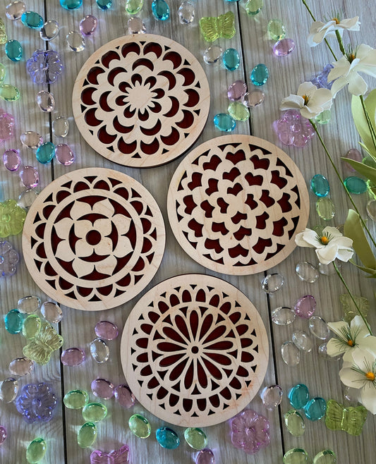 Flower coasters I Spring flowers I Maple/Padauk wood I Solid wood I 4 coaster set