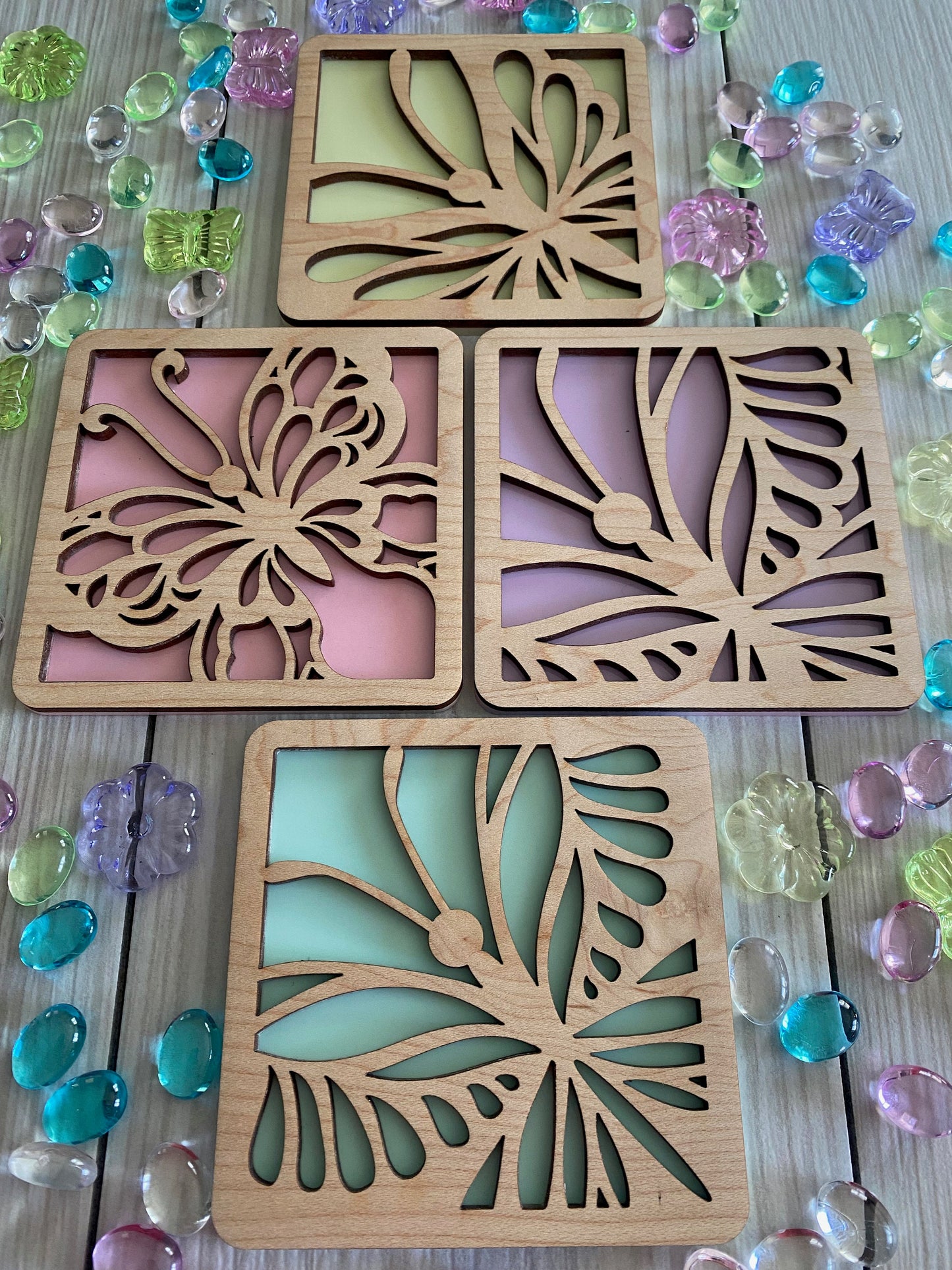 Butterfly coaster set - Colorful pastel coasters - Mother's Day gift set - Gifts for women - Springtime decor - Butterfly decor - Set of 4
