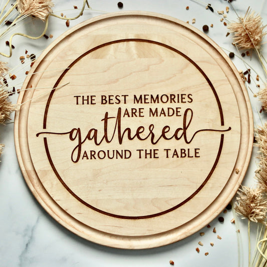 Round Charcuterie Engraved Cutting Board, Hardwood Cutting Board, Farmhouse Gathered Decor, Holiday, Wedding, New Home, Housewarming Gift