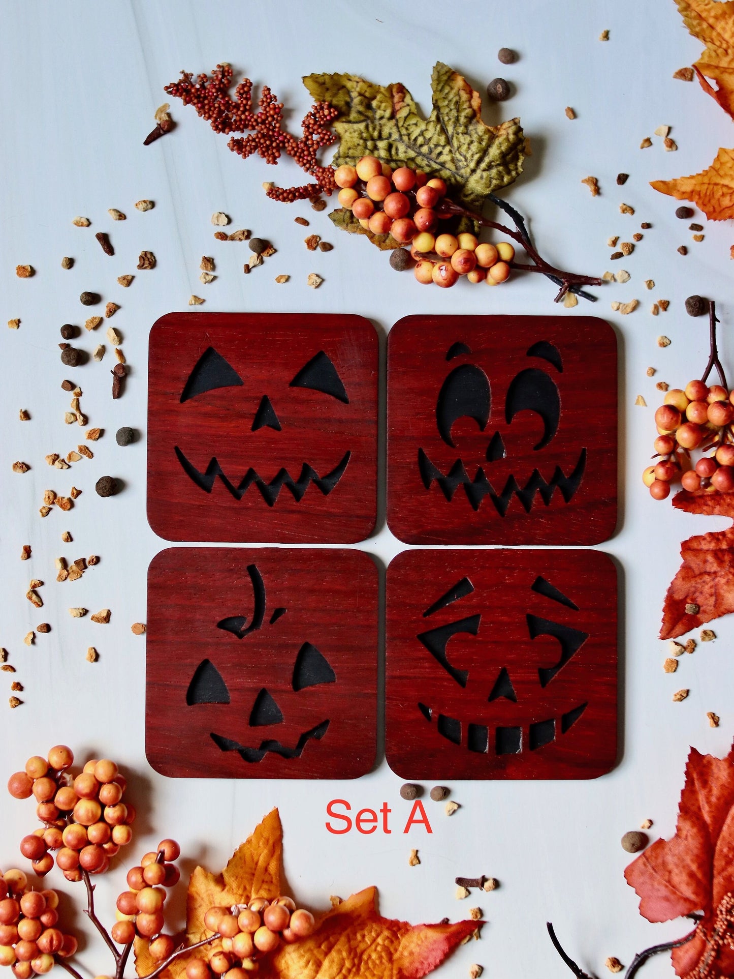 Halloween Pumpkin Home Decor, Pumpkin Table Decor, 4 Coaster Set, Fall Decor, Fall Pumpkin Faces Coasters, Halloween Party Hostess gift,