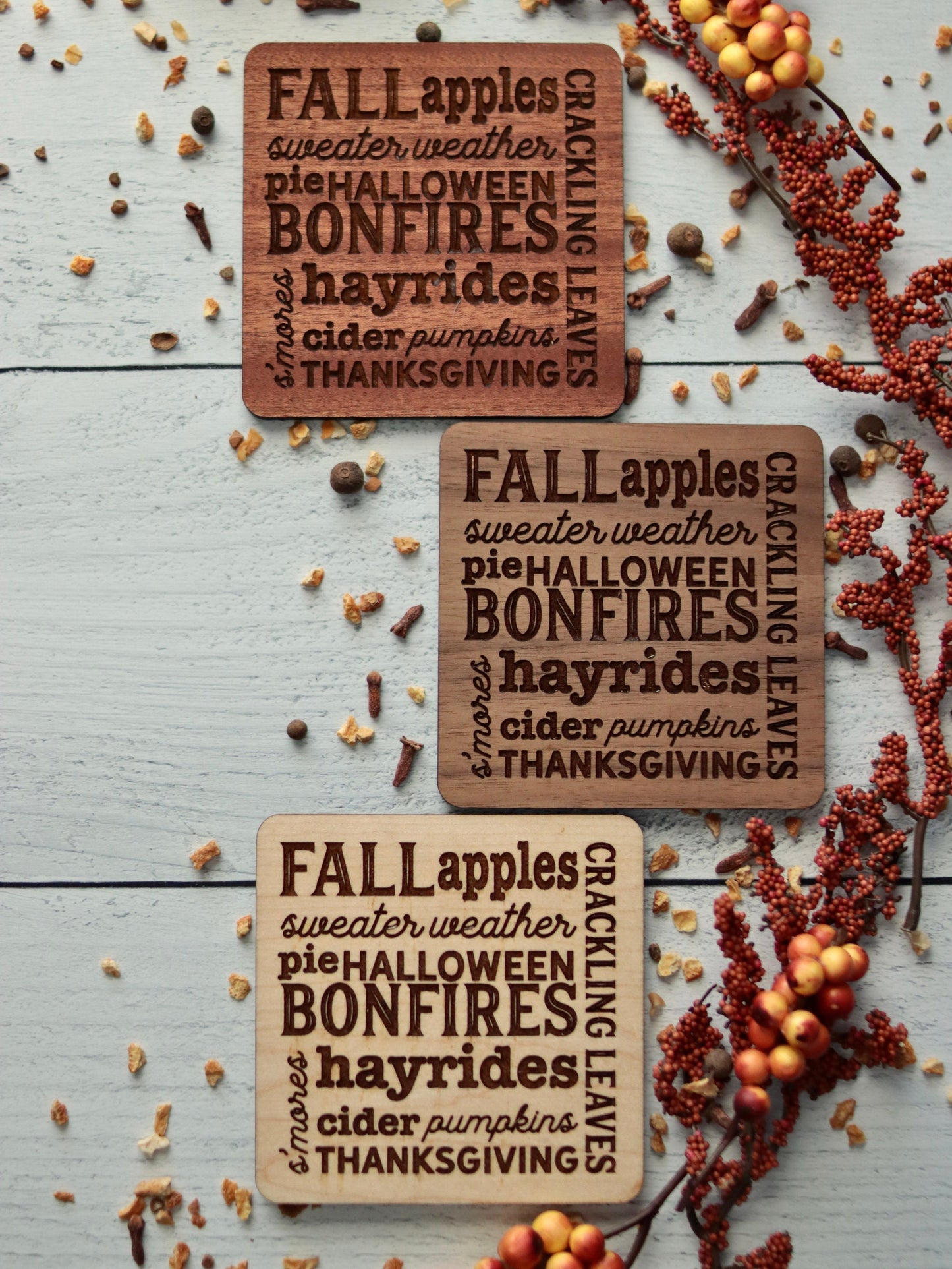 All Things Fall 4 coaster set, Apples, Bonfires, Cider, Halloween, Hayrides, Leaves, Pies, Pumpkins, Sweater Weather, S'mores, Thanksgiving