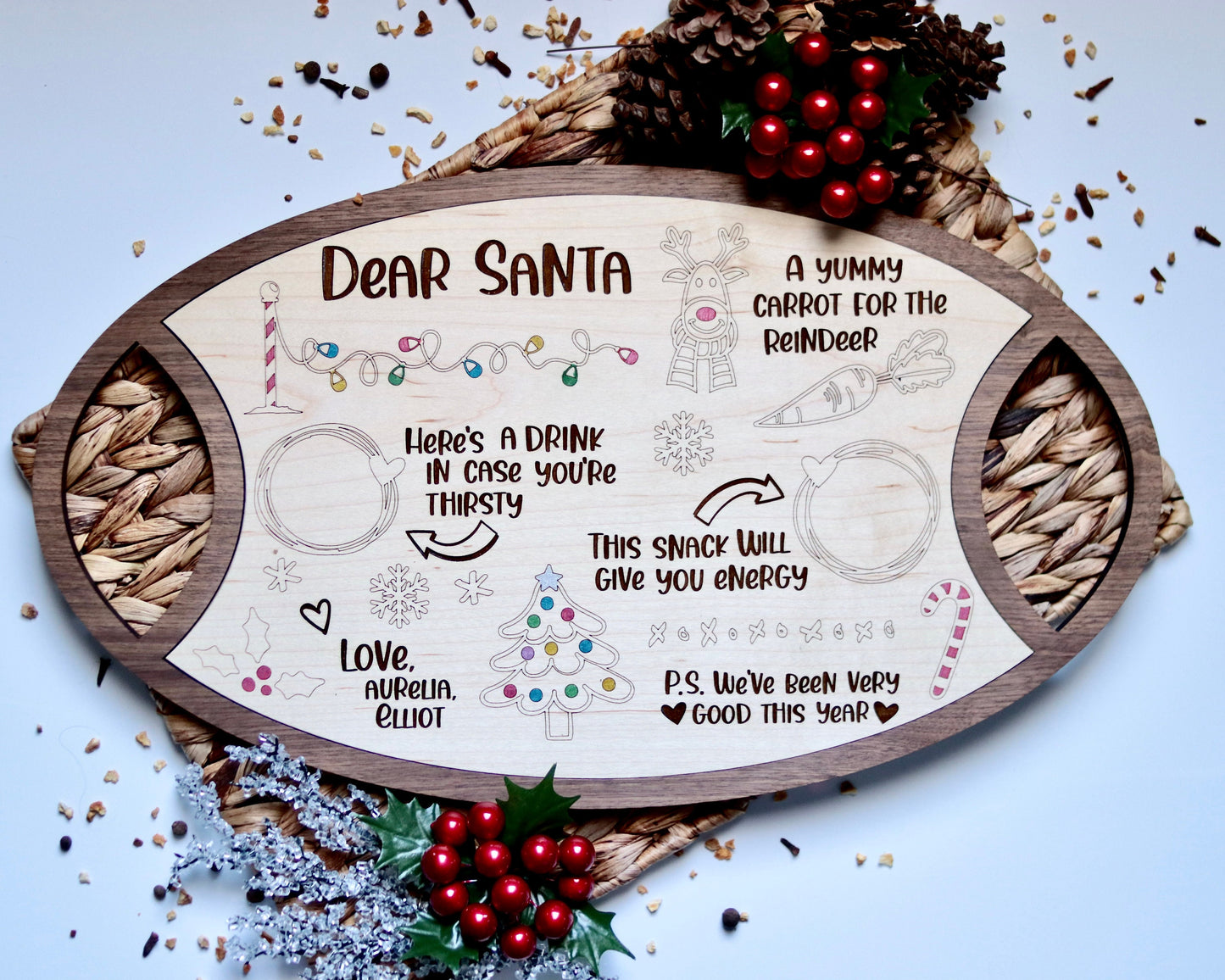 Personalized Santa Treat Tray, Reversible and Interchangeable Serving Tray, Cookie Plate for Santa,Seasonal Platter Inserts Available