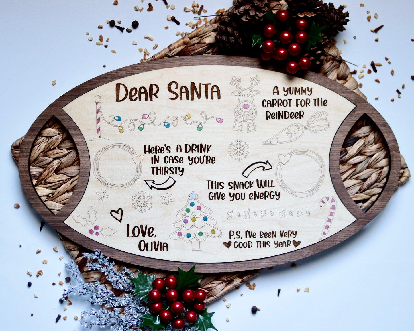 Personalized Santa Treat Tray, Reversible and Interchangeable Serving Tray, Cookie Plate for Santa,Seasonal Platter Inserts Available