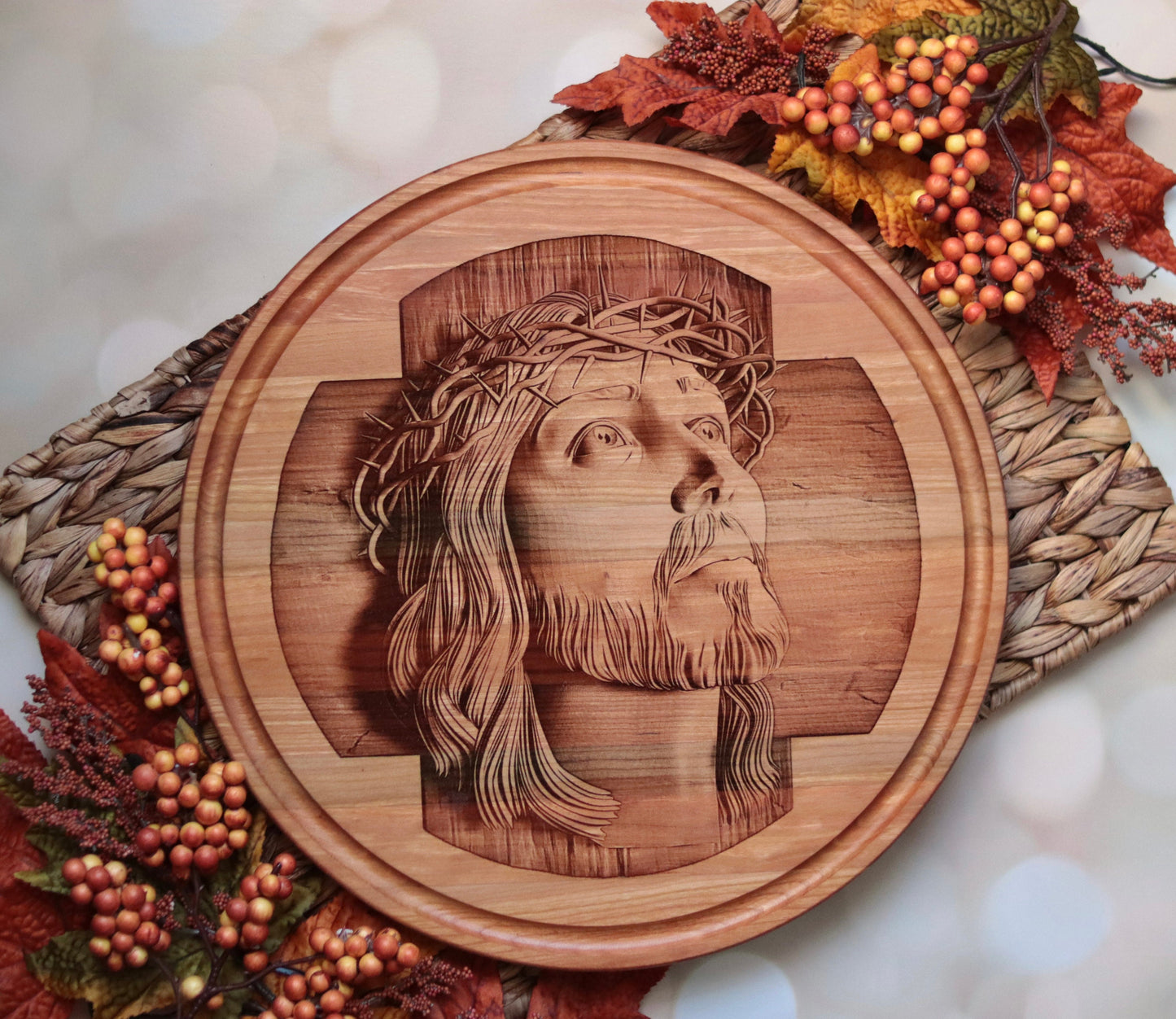 Jesus Crown of Thorns 3D Illusion Cutting Board, Religious kitchen decor, Christian Wedding Gift,  Jesus Christmas Serving Plate