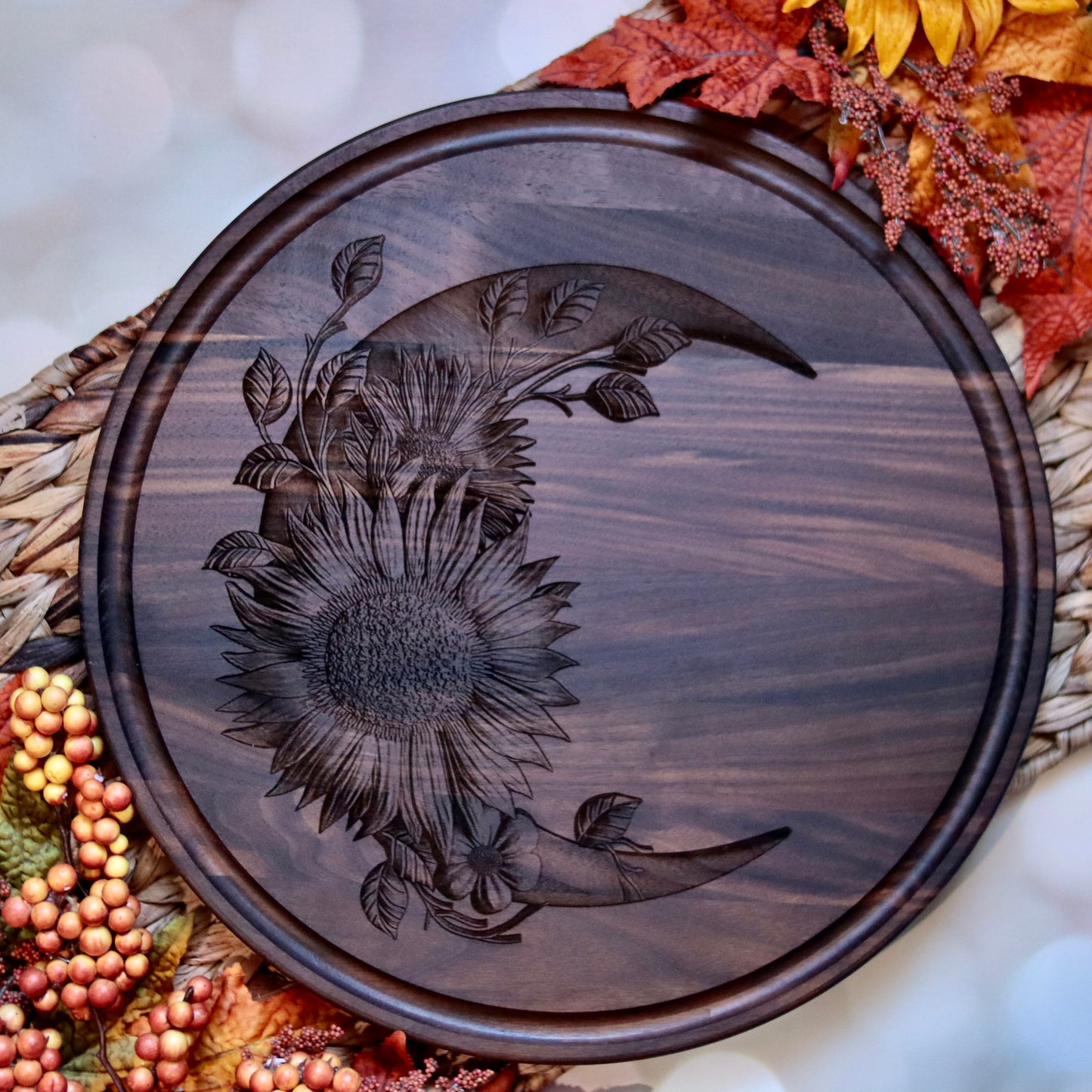 Moon and Sunflower Round Solid Wood Cutting Board, 3D Illusion, Charcuterie, Serving Plate, Kitchen Decor, Display Cutting Board, Table Deco